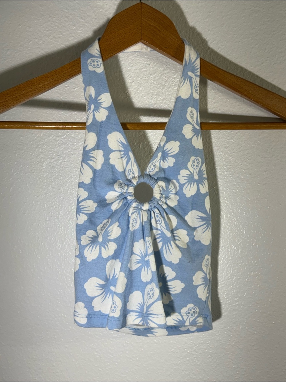 Hollister Light Blue Halter Crop Top with White Floral Print